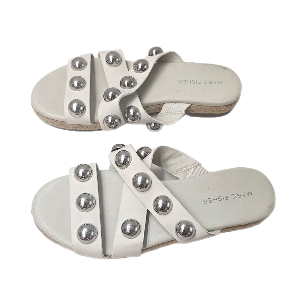 Marc Fisher Prisca Studded Espadrille Slide Sandals Ivory Silver Size 6.5 Womens